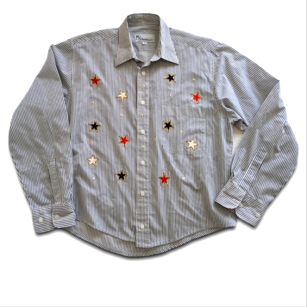 Mili Design Striped White Blue Red Star Cropped Long Sleeve Shirt, sz S
